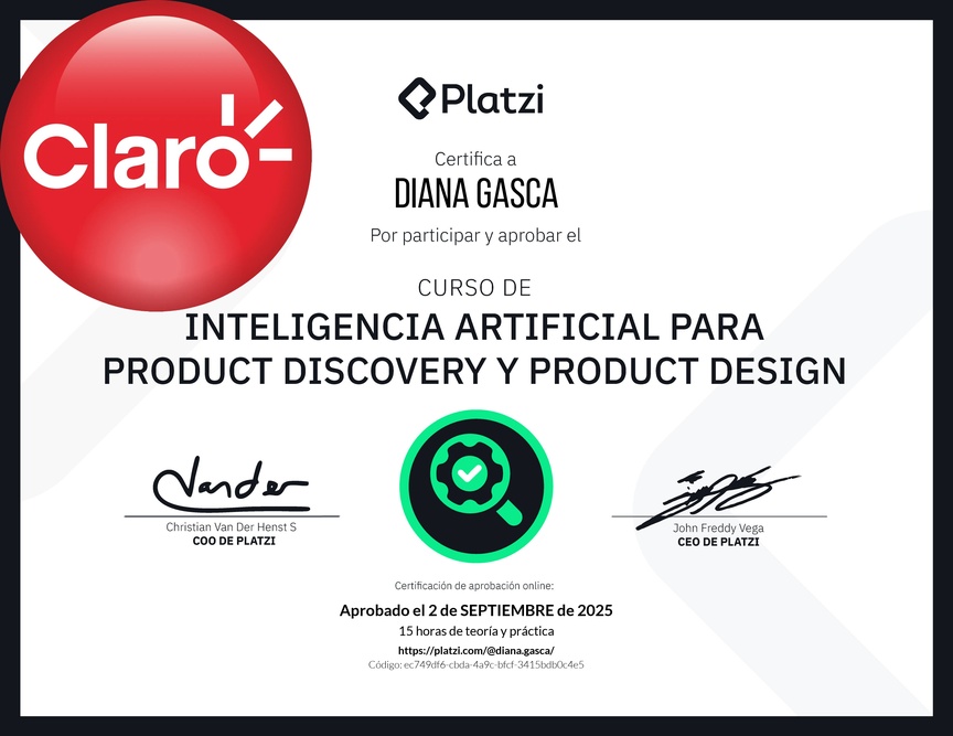 Diploma del Curso de Inteligencia Artificial para Product Discovery y Product Design: Herramientas y Técnicas