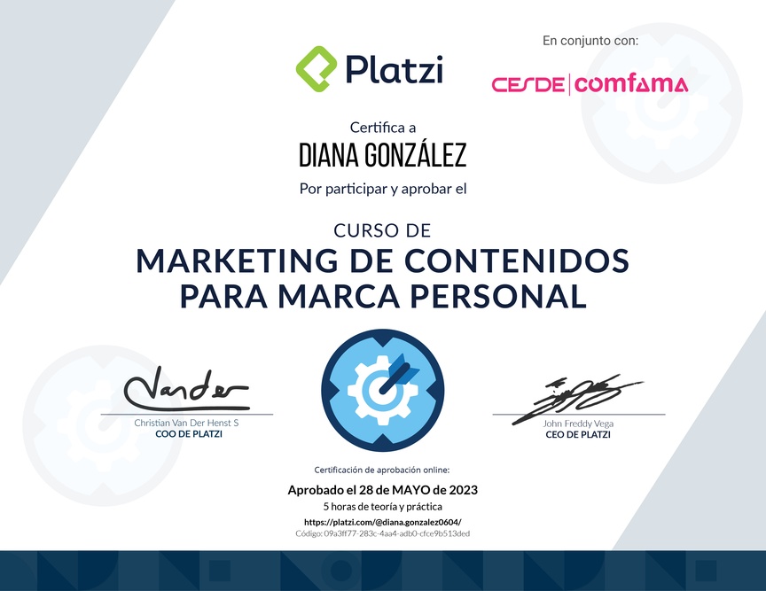 Diploma del Curso de Creación de Contenido para tu Marca Personal