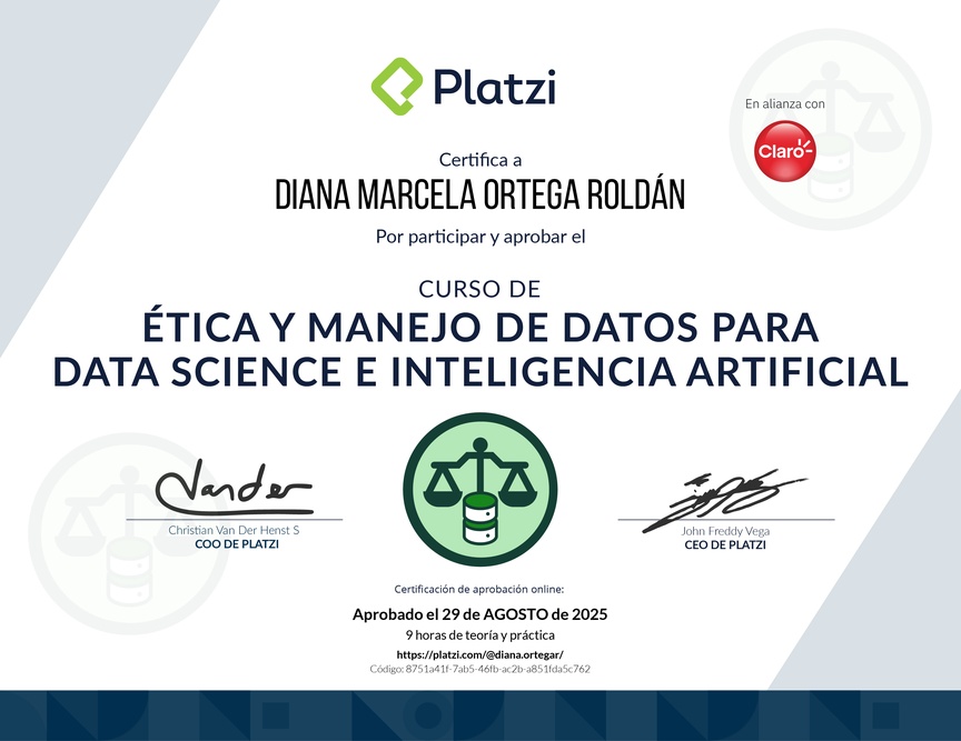 Diploma del Curso de Ética y Manejo de Datos para Data Science e Inteligencia Artificial