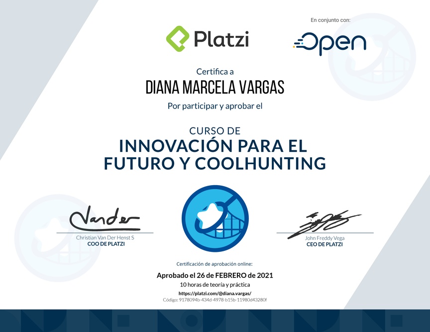 Diploma del Curso de Innovación para el Futuro y Coolhunting