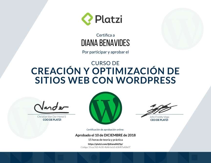 Diploma del Curso de Creación y Optimización de Sitios Web con WordPress 2018