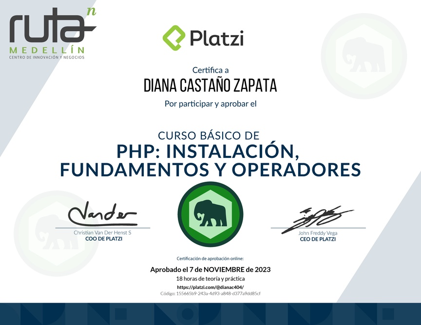 Diploma del Curso Básico de PHP: Instalación, Fundamentos y Operadores