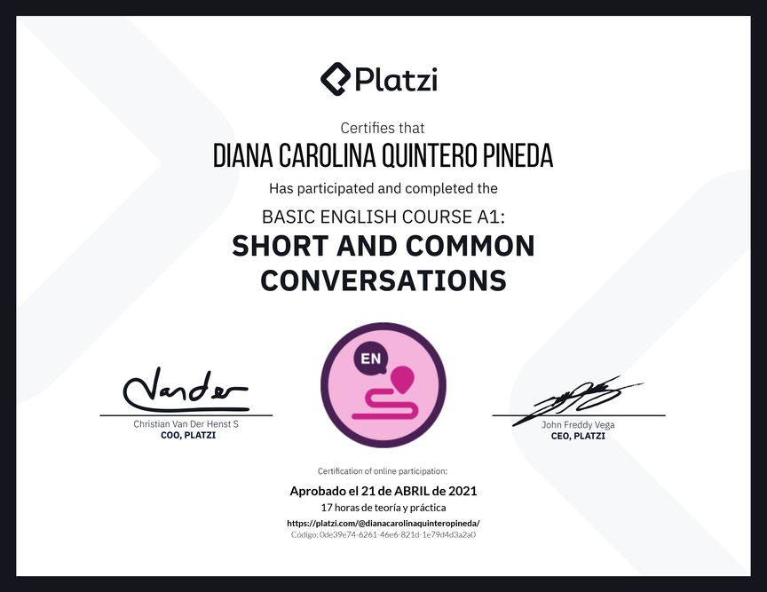 Diploma del Curso de Inglés Básico A1: Conversaciones Cortas y Habituales (2020)