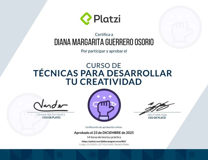 Diploma del Curso para Desarrollar tu Creatividad: Técnicas y Hábitos