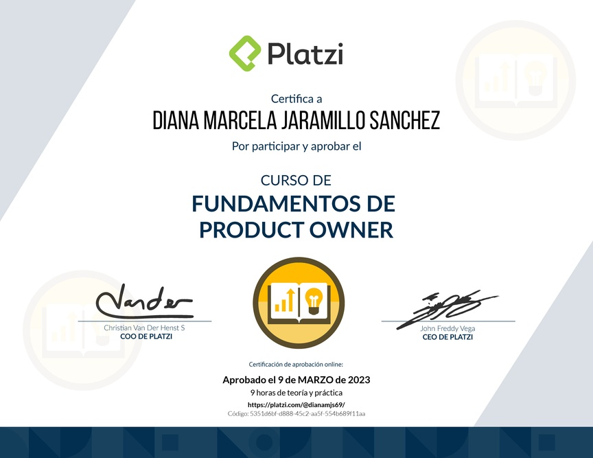 Diploma del Curso de Fundamentos de Product Owner