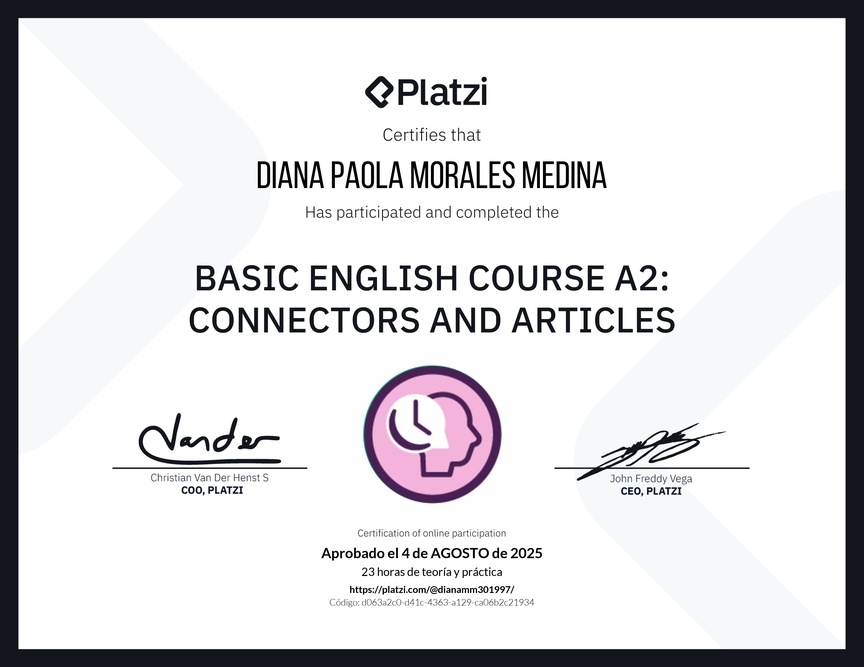 Diploma del Curso de Inglés Básico A2: Conectores y Artículos
