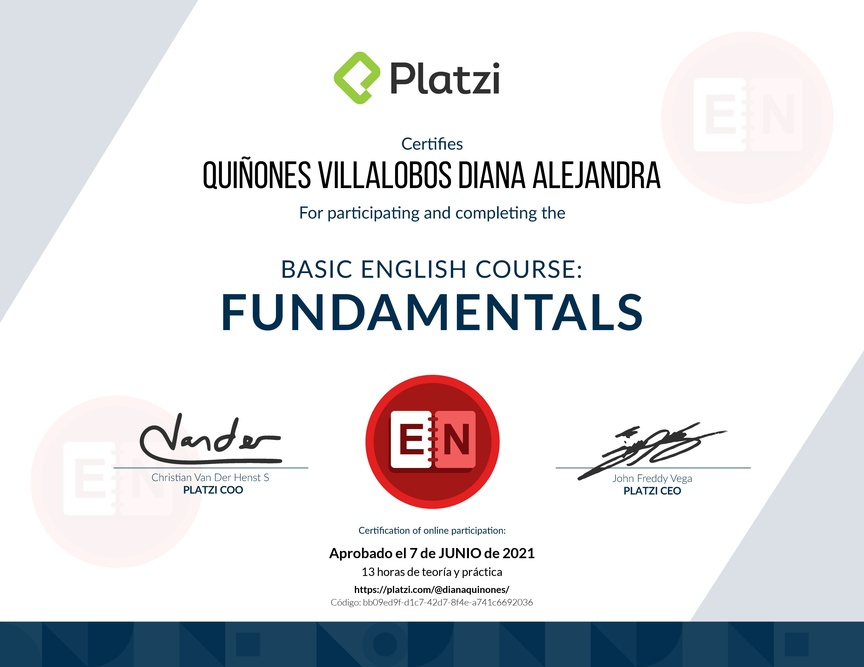 Diploma del Curso de Inglés Básico: Fundamentos 2018