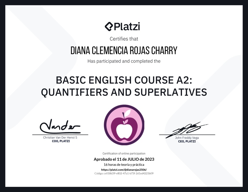 Diploma del Curso de Inglés Básico A2: Cuantificadores y Superlativos