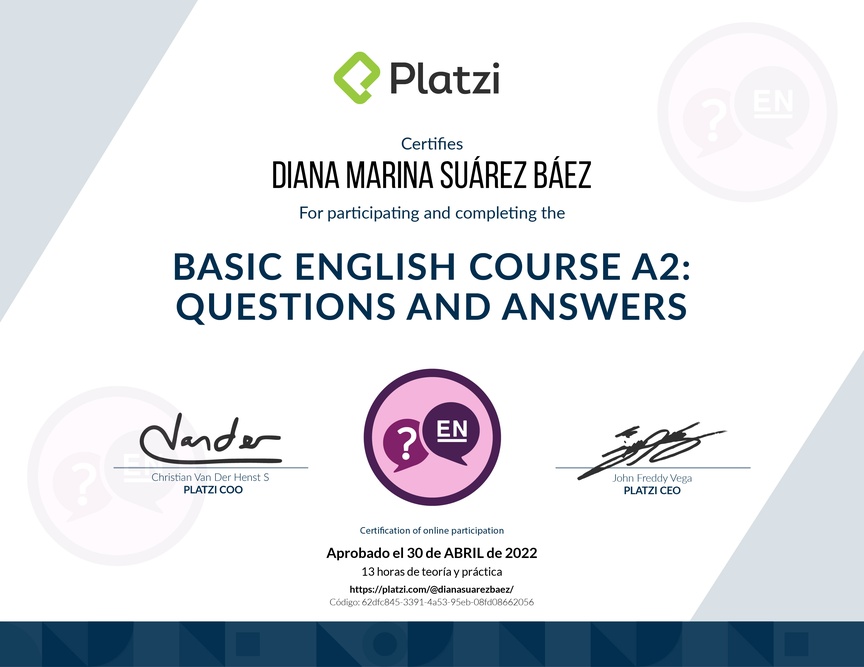 Diploma del Curso de Inglés Básico: Preguntas y Respuestas (2021)