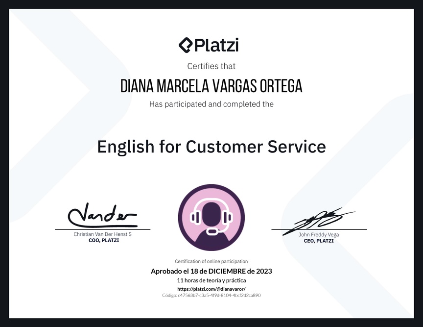 Diploma del Curso de Inglés para Servicio al Cliente