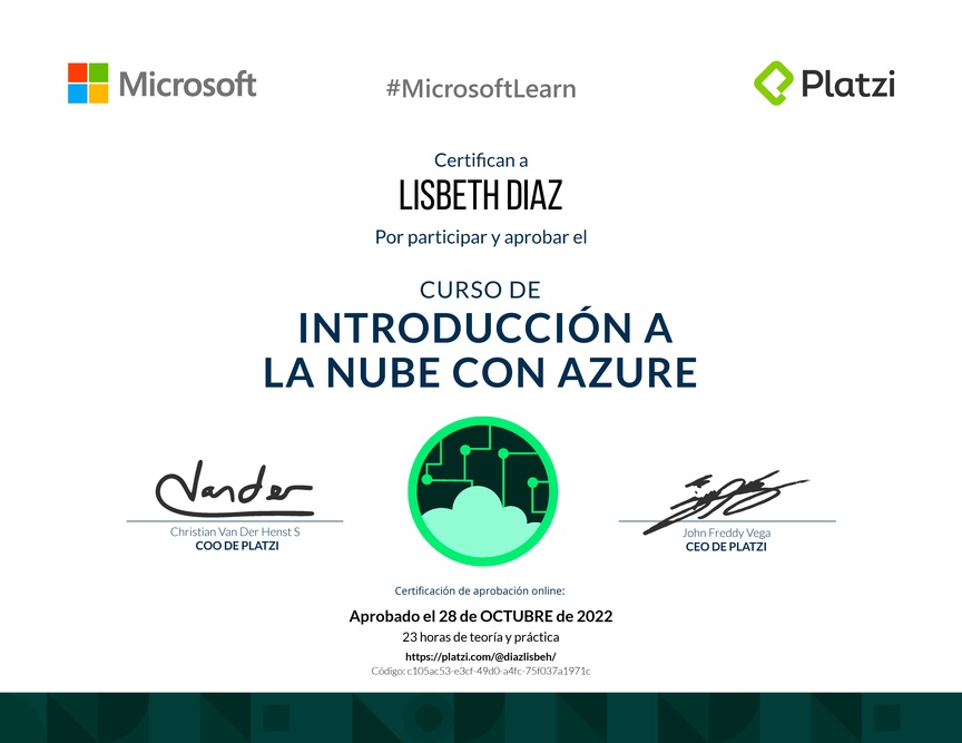 Diploma del Curso de Introducción a la Nube con Azure