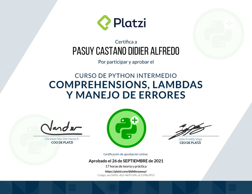 Diploma del Curso de Python Intermedio: Comprehensions, Lambdas y Manejo de Errores