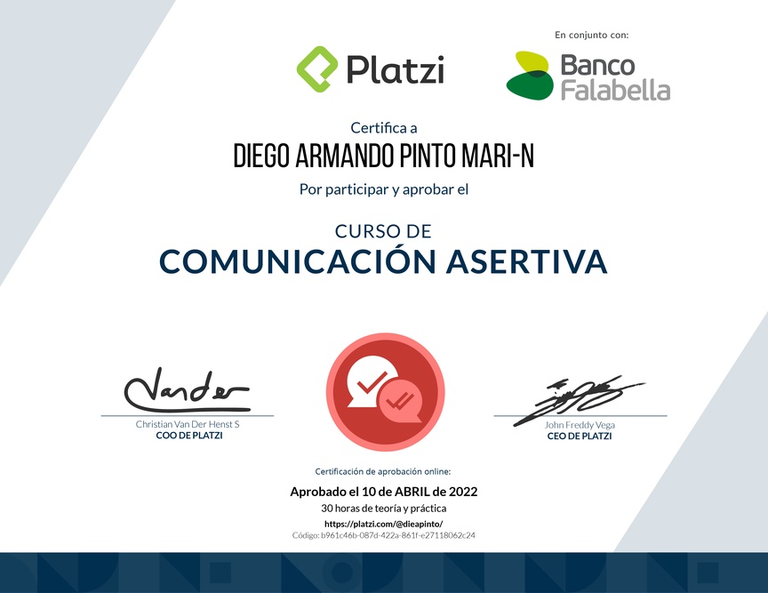 Diploma del Curso de Comunicación Asertiva para la Vida Personal y Profesional (2021)