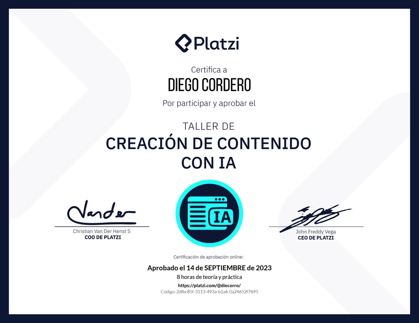 Diploma de Taller de Creación de Contenido con Inteligencia Artificial