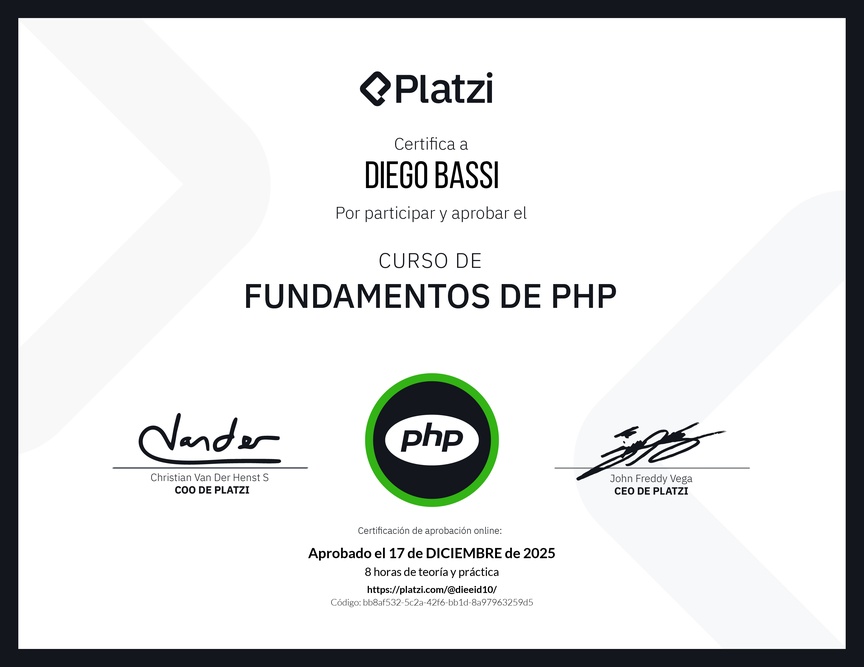 Diploma del Curso de Fundamentos de PHP