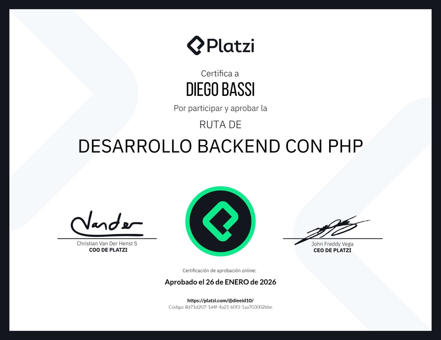 Diploma de la Ruta de Aprendizaje de Desarrollo Backend con PHP