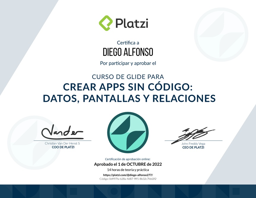 Diploma del Curso de Glide para Crear Apps Sin Código: Datos, Pantallas y Relaciones