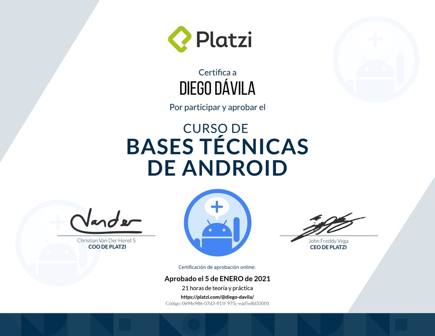 Diploma del Curso de Bases Técnicas de Android