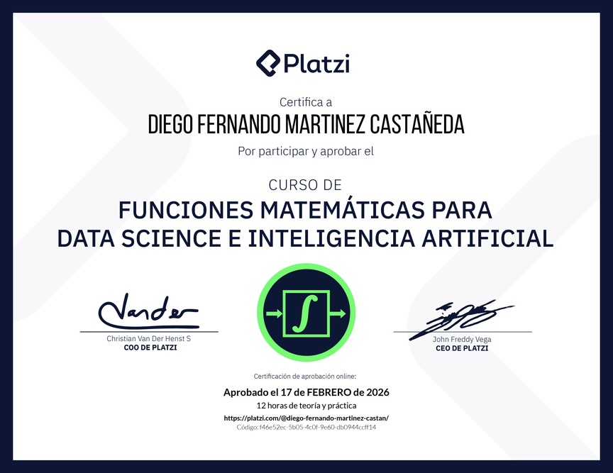 Diploma del Curso de Funciones Matemáticas para Data Science e Inteligencia Artificial