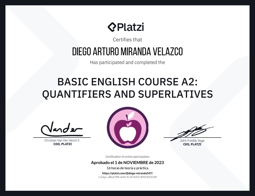 Diploma del Curso de Inglés Básico A2: Cuantificadores y Superlativos