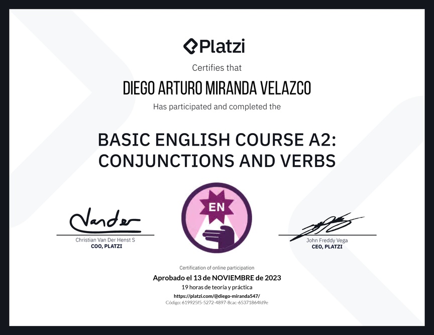 Diploma del Curso de Inglés Básico A2: Conjunciones y Verbos