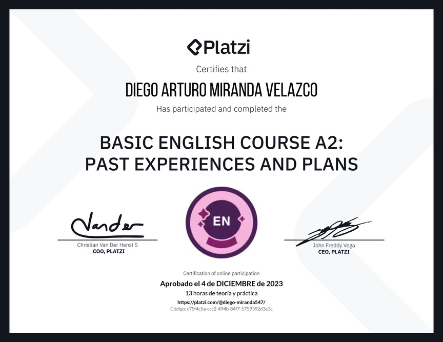 Diploma del Curso de Inglés Básico A2: Experiencias Pasadas y Planes