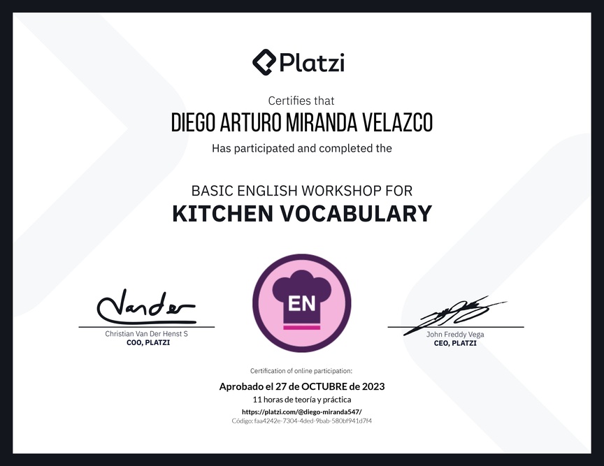 Diploma del Curso de Inglés Práctico sobre Vocabulario de Cocina
