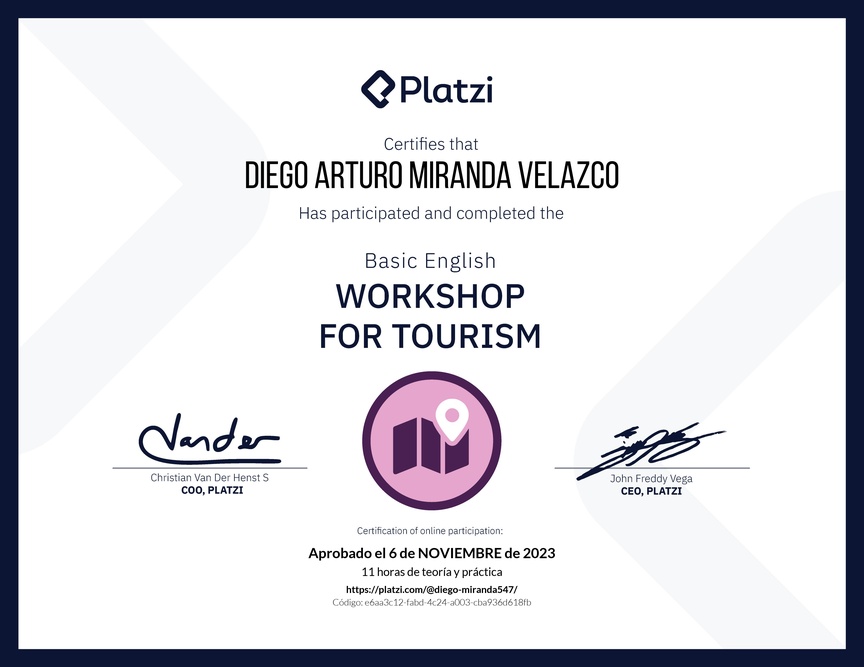 Diploma del Curso de Inglés Práctico para Viajes de Turismo