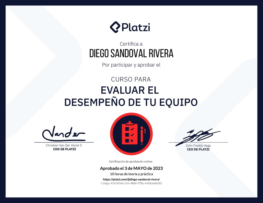 Diploma del Curso para Evaluar el Desempeño de tu Equipo
