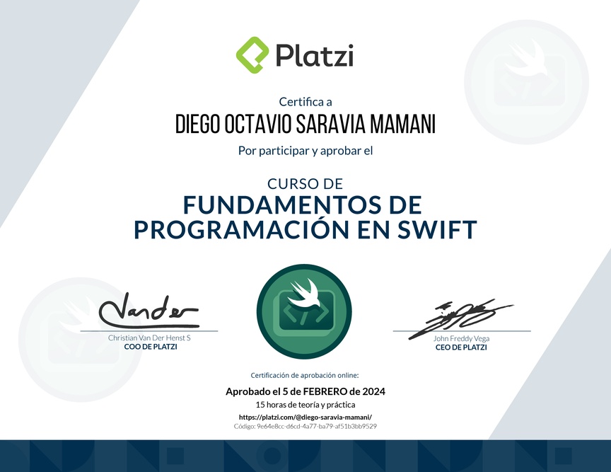 Diploma del Curso de Introducción a Swift (2019)