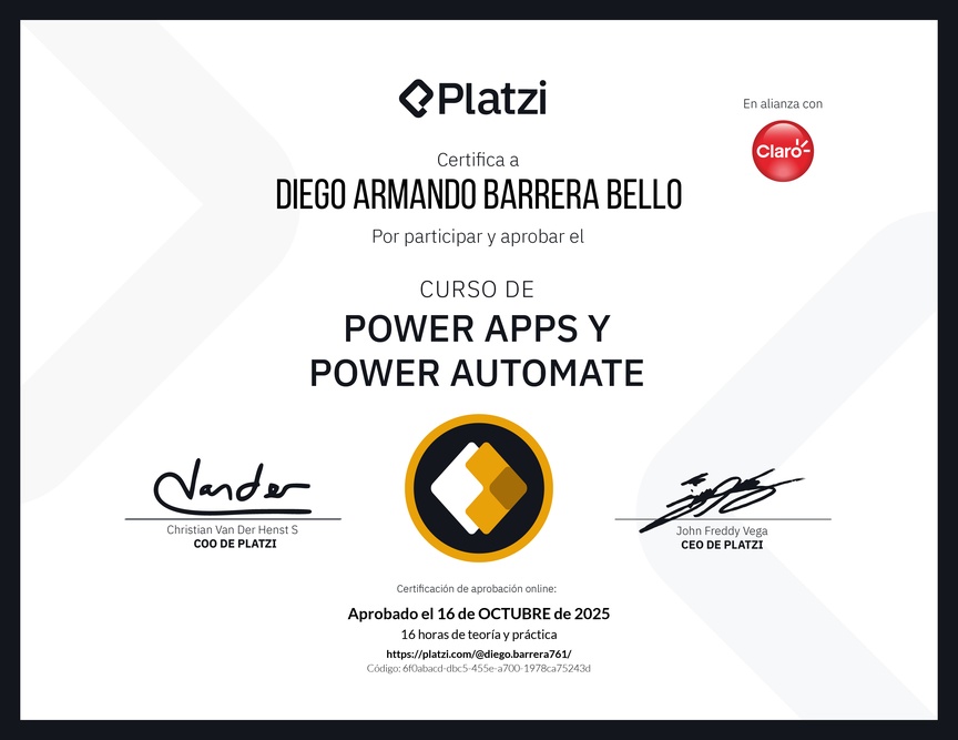 Diploma del Curso de Power Apps y Power Automate