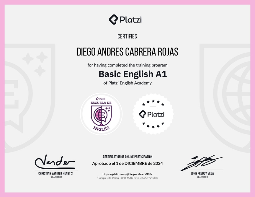 Diploma de la Ruta de Aprendizaje de Inglés Básico A1
