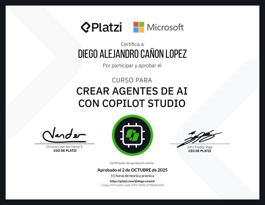 Diploma del Curso Gratis para Crear Agentes de AI con Copilot Studio
