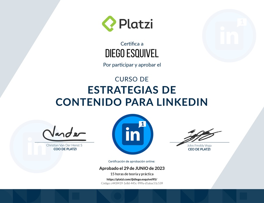 Diploma del Curso de Estrategias de Contenido para LinkedIn