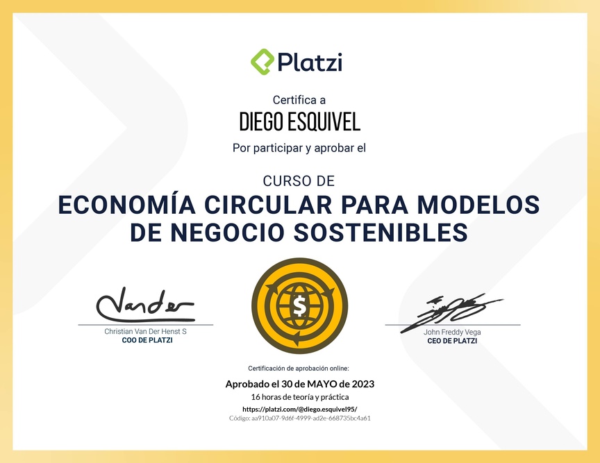 Diploma del Curso de Economía Circular para Modelos de Negocio Sostenibles