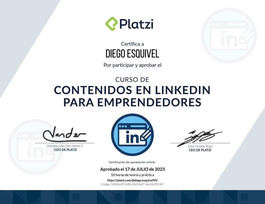Diploma del Curso de Creación de Contenido en LinkedIn para Emprendedores