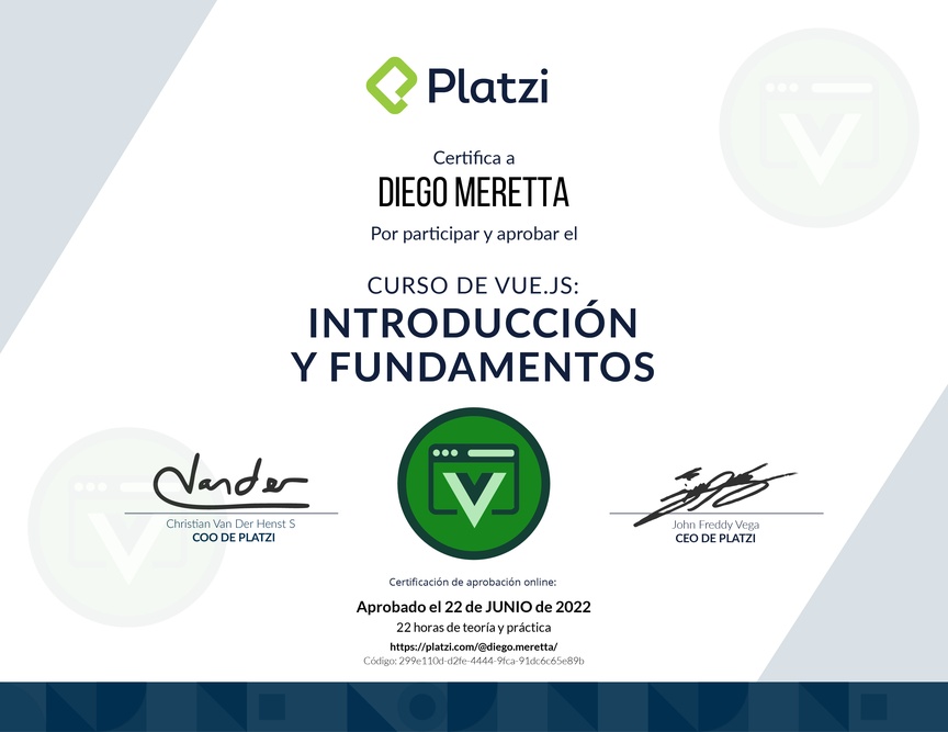 Diploma del Curso de Vue.js: Introducción y Fundamentos