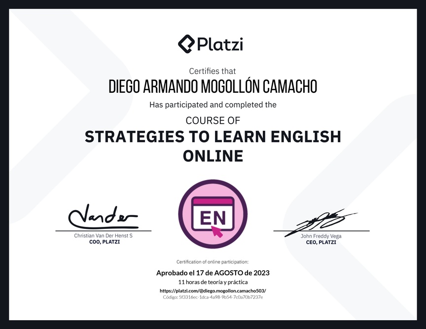 Diploma del Curso Gratis de Estrategias para Aprender Inglés en Línea