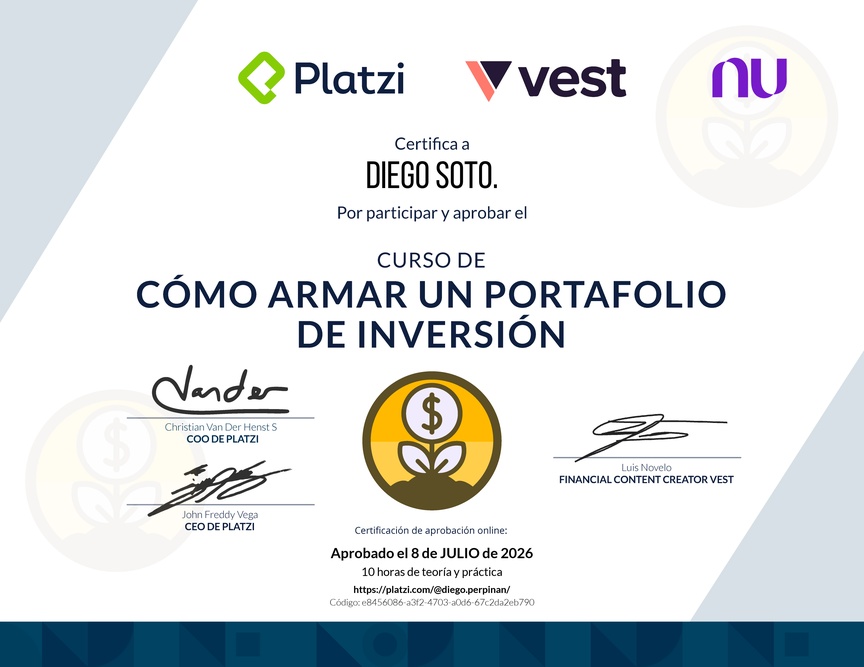 Diploma del Curso de Cómo Armar un Portafolio de Inversión con Vest