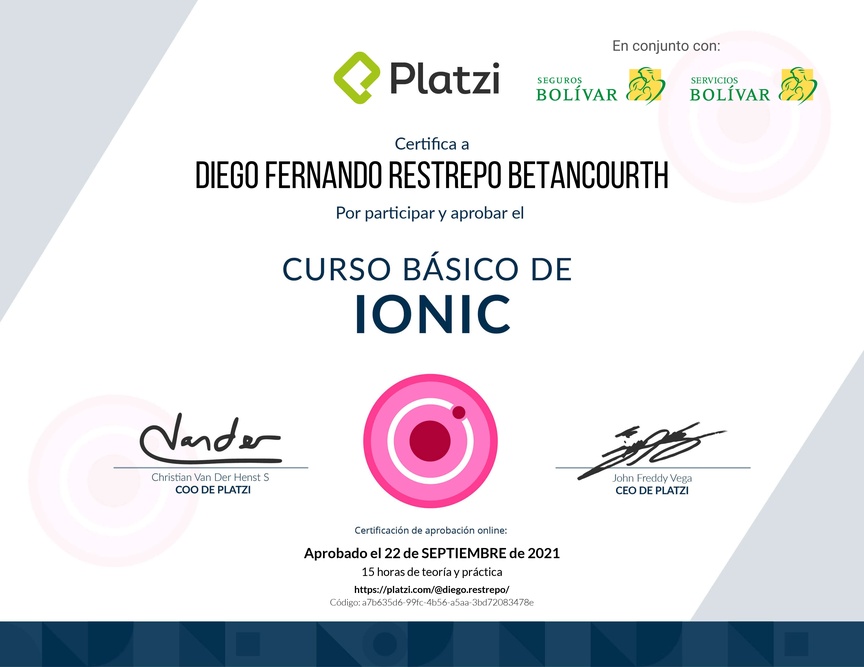 Diploma del Curso Básico de Ionic 2018
