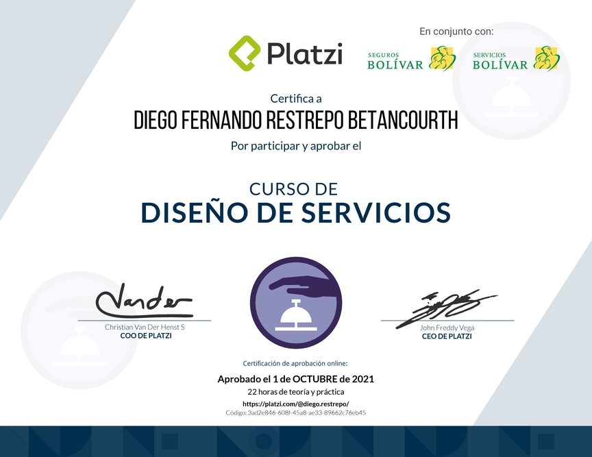 Diploma del Curso de Diseño de Servicios