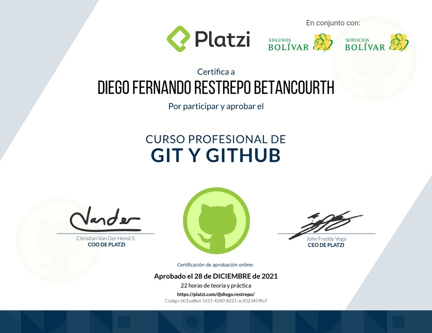 Diploma del Curso Profesional de Git y GitHub