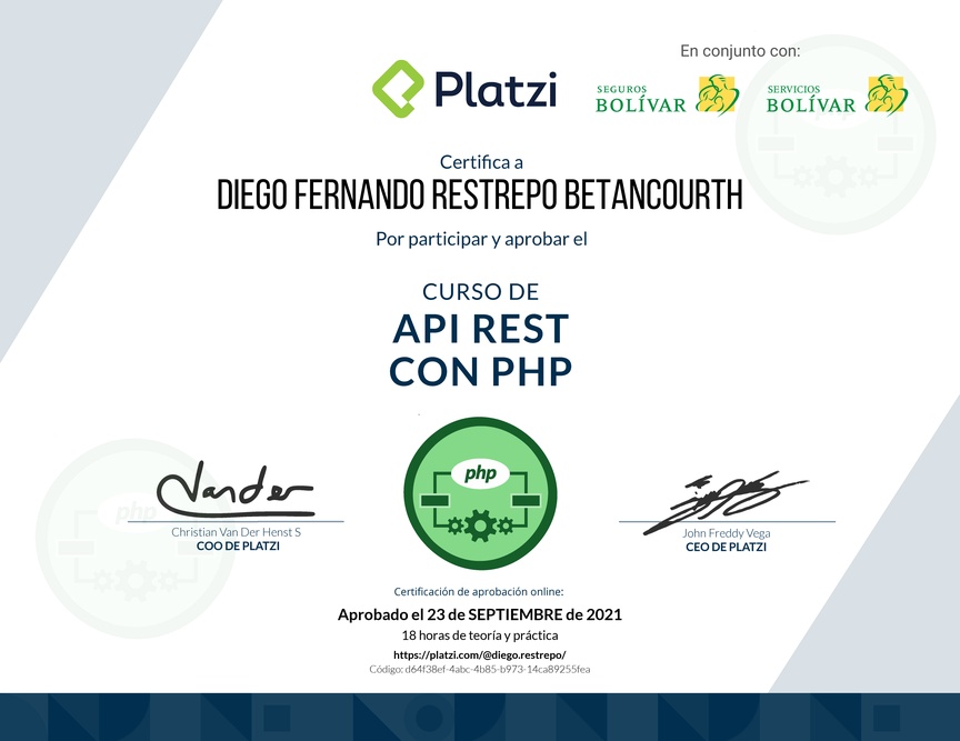 Diploma del Curso de API REST con PHP