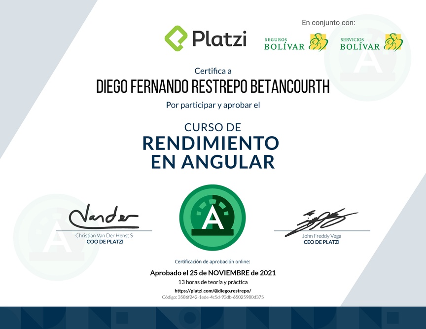 Diploma del Curso de Rendimiento en Angular
