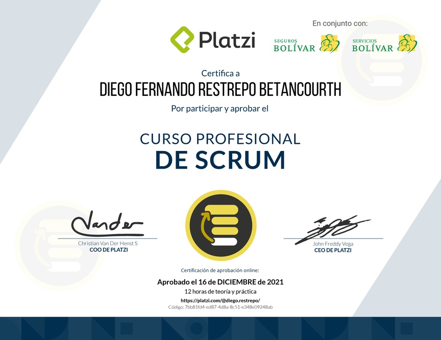 Diploma del Curso Profesional de Scrum
