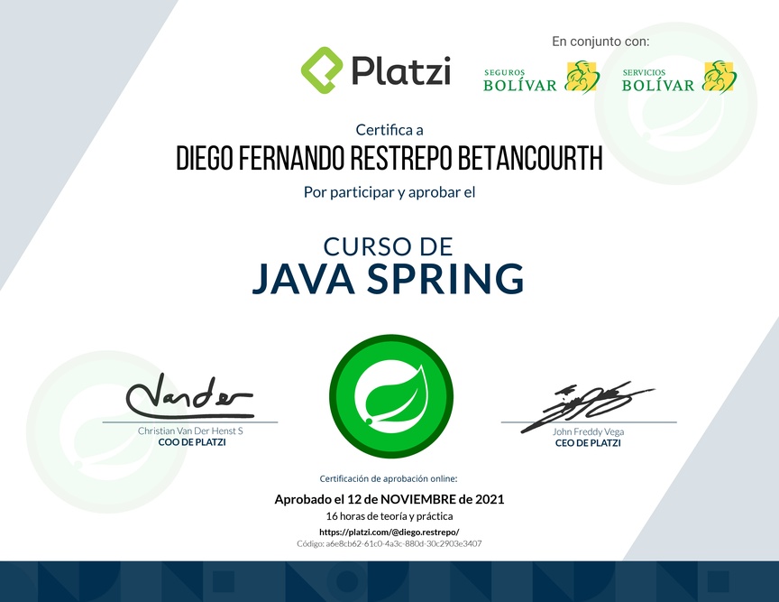 Diploma del Curso de Java Spring