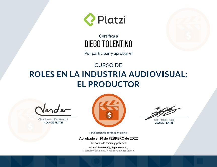 Diploma del Curso de Roles en la Industria Audiovisual: El Productor