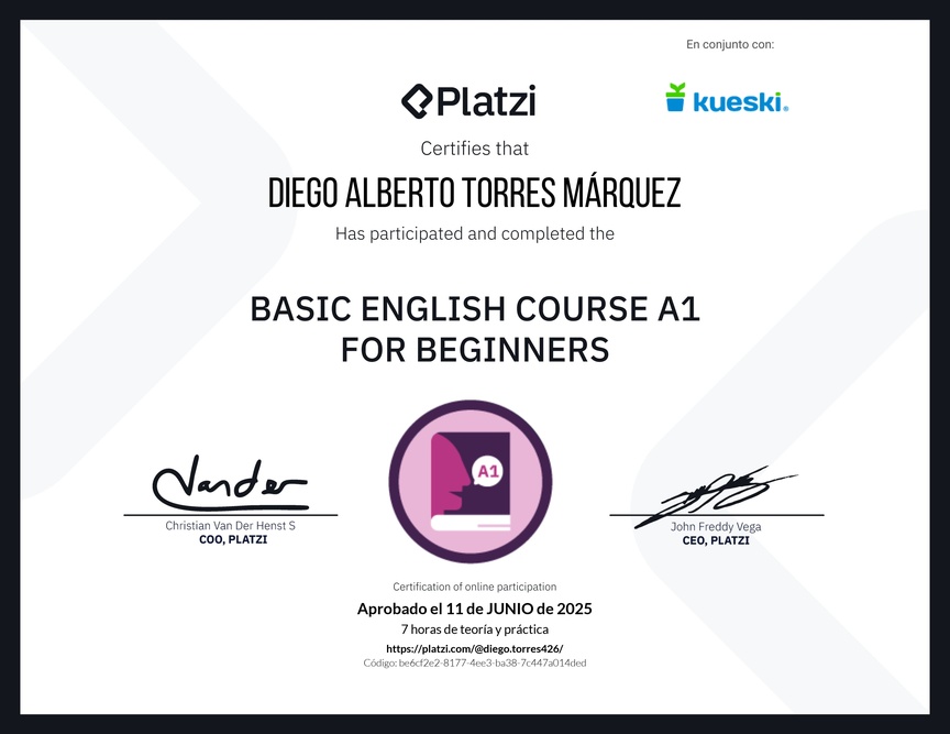 Diploma del Curso de Inglés Básico A1 para Principiantes