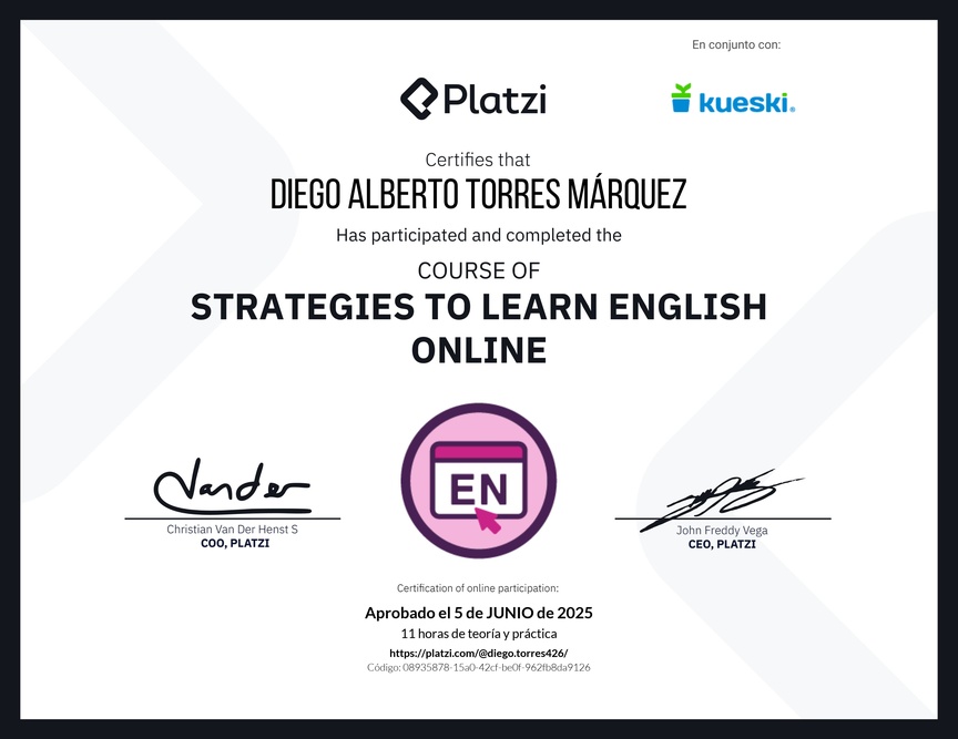 Diploma del Curso Gratis de Estrategias para Aprender Inglés en Línea