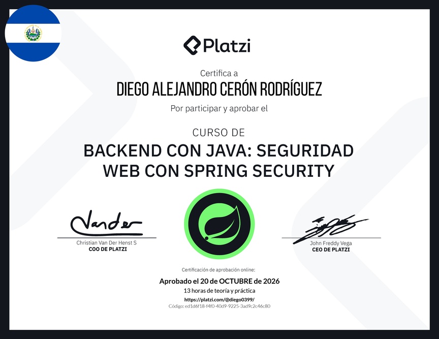 Diploma del Curso de Java Spring Security: Autenticación y Seguridad Web